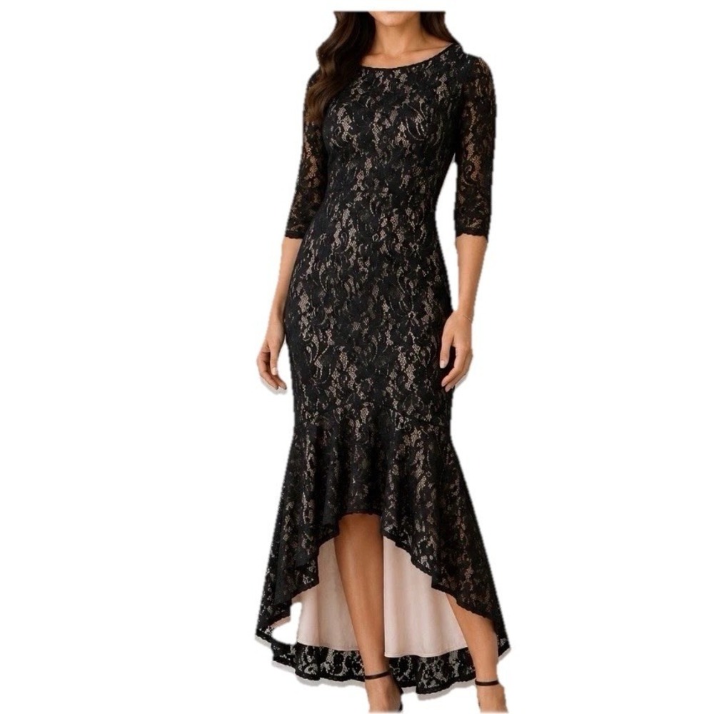 Alex Evenings Black Sequin Lace High Low 3/4 Sleeve Formal Evening Dress Size 10